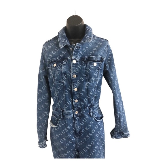 Guess Lorena blue jeans all over Guess logo collared denim jumpsuit size XL new - Picture 6 of 16